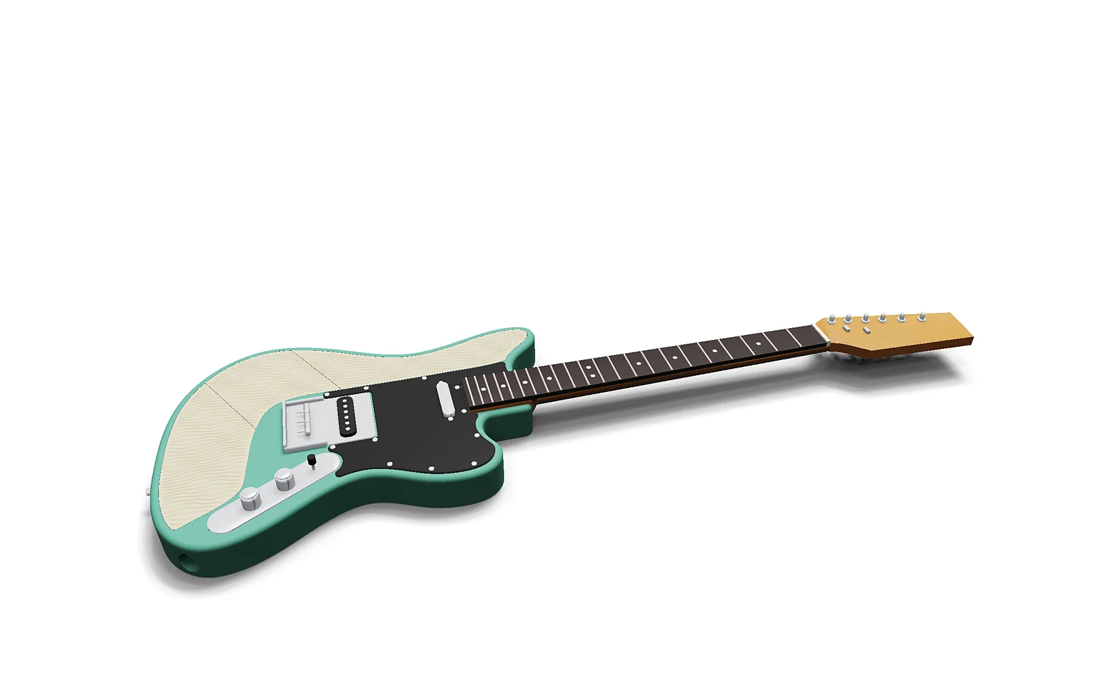 Exploded view of the Filamentcaster: body pieces, carbon rods, joint keys, magnets, ripple plates, pickguard and kit hardware